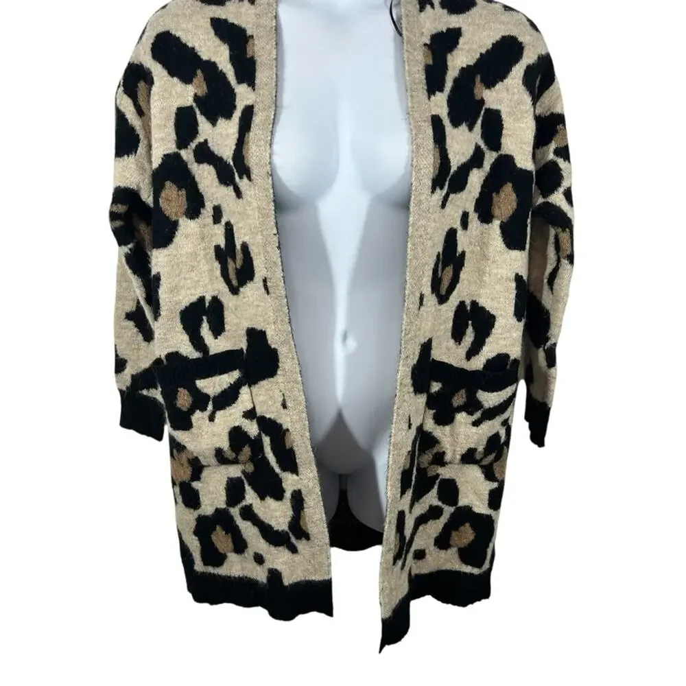 Leopard Print Open Cardigan S M Cozy Oversized Soft Knit Sweater